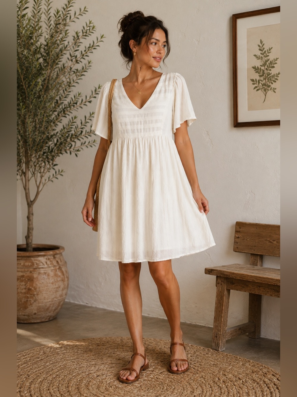 Old Navy Cotton-Blend White V-Neck Babydoll Mini Dress | Size L